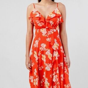 Floral Ruffle Handkerchief Hem Chiffon Maxi Dress